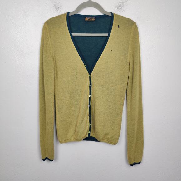 Loro Piana Cashmere Cardigan Womens 42 US 6 Green Blue Reversible FLAW HOLE - Picture 2 of 13